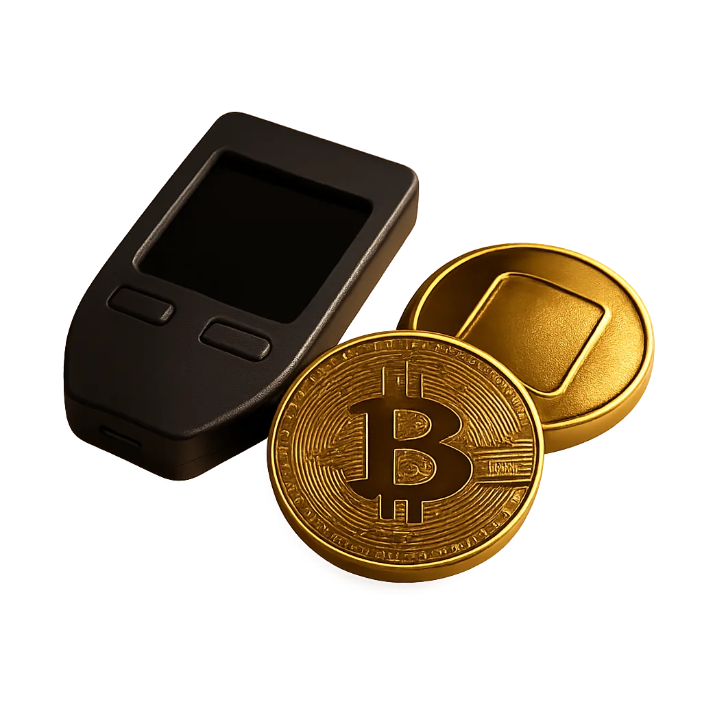 Hardware wallet with gold and Bitcoin coins